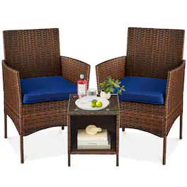 Best Choice Products - 3-Piece Outdoor Wicker Conversation Patio Bistro Set, w/ 2 Chairs, Table - Brown/Navy