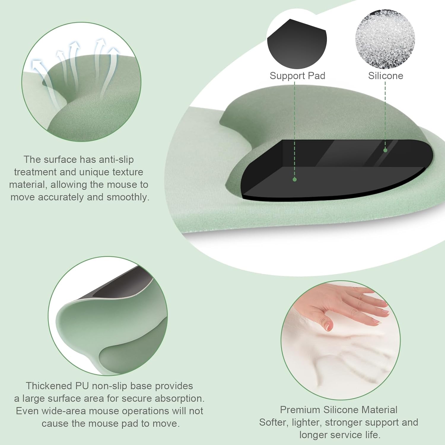Support Pad Silicone

The surface has anti-slip treatment and unique texture material, allowing the mouse to move accurately and smoothly.

Thickened PU non-slip base provides a large surface area for secure absorption. Even wide-area mouse operations will not cause the mouse pad to move.

Premium Silicone Material
Softer, lighter, stronger support and longer service life.