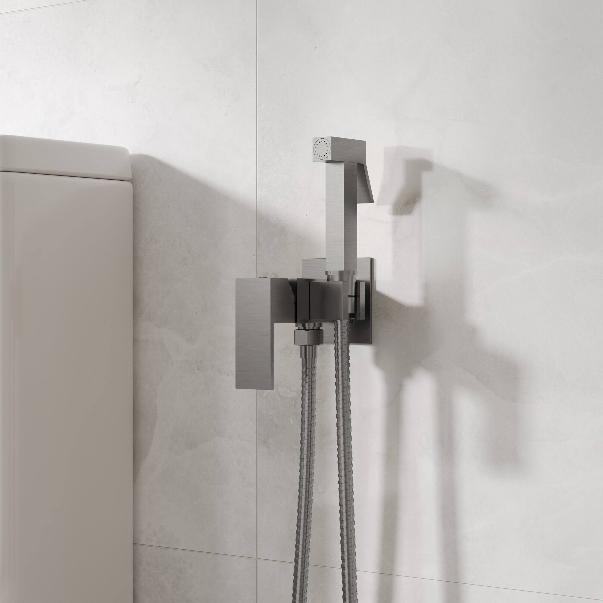 Angle. GRANDJOY - Handheld Bidet Faucet with Hot and Cold Mixing Valve, Wall Mount Solid Brass Square Design - Brushed Nickel.