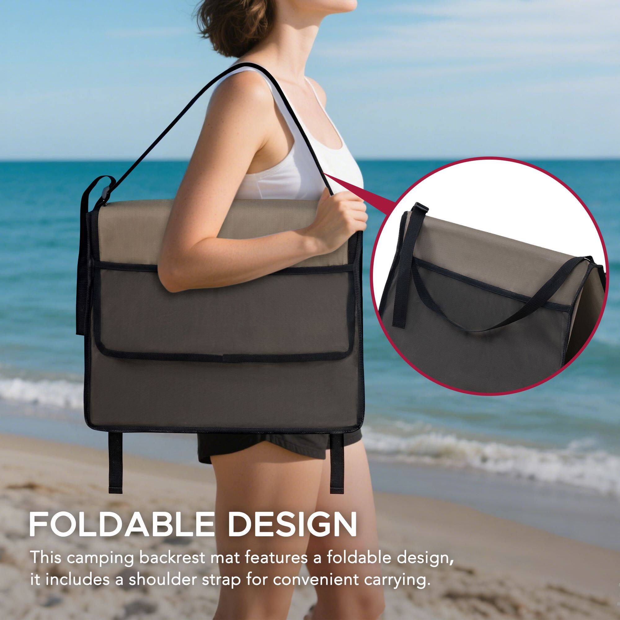 FOLDABLE DESIGN  
This camping backrest mat features a foldable design, it includes a shoulder strap for convenient carrying.