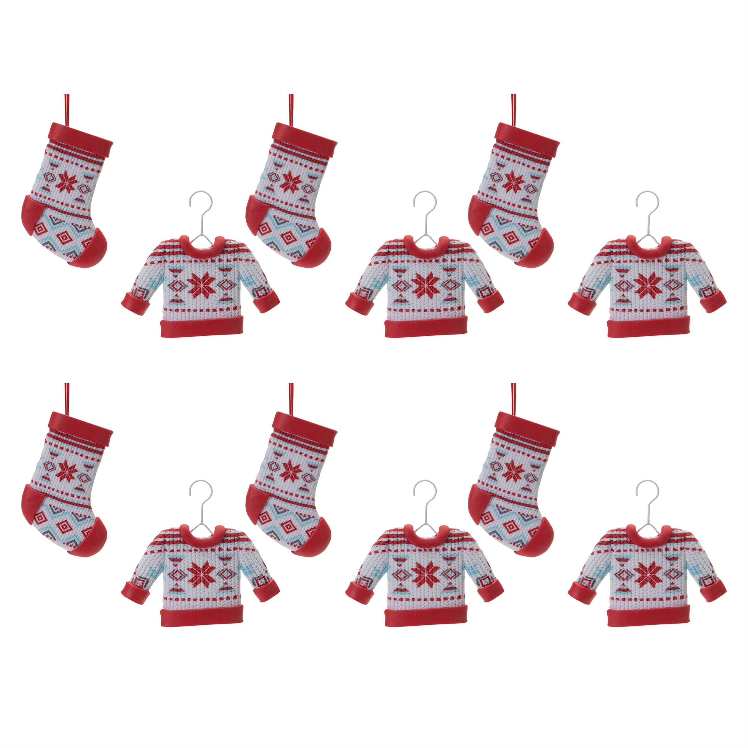 Alt View 2. BreeBe - Nordic Stocking and Sweater Ornament (Set of 12) - Red, White.