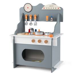 Gymax - Pretend Play Toy Kitchen Set w/Clock Stove Spice Rack Faucet & Sink & Oven White - Gray