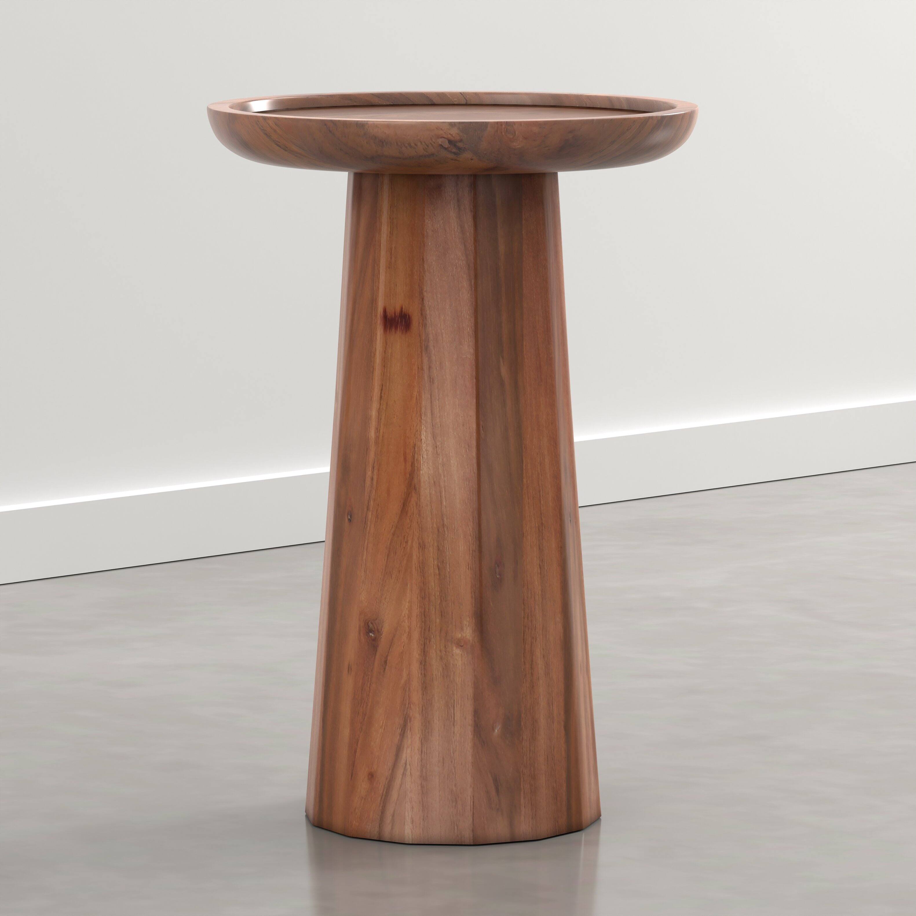 Angle. Simpli Home - Dayton 13 inch Wide Solid Wood Round Accent Table, Pecan Brown - Pecan Brown.