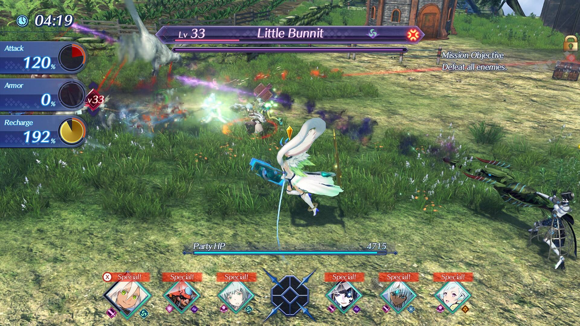 04:19 Attack 120% Lv 33 Little Bunnit Mission Objective Defeat all enemies. Armor 0% v33 Recharge 192% Party HP 4715 x Special! Special! Special! Special! Special! Special!