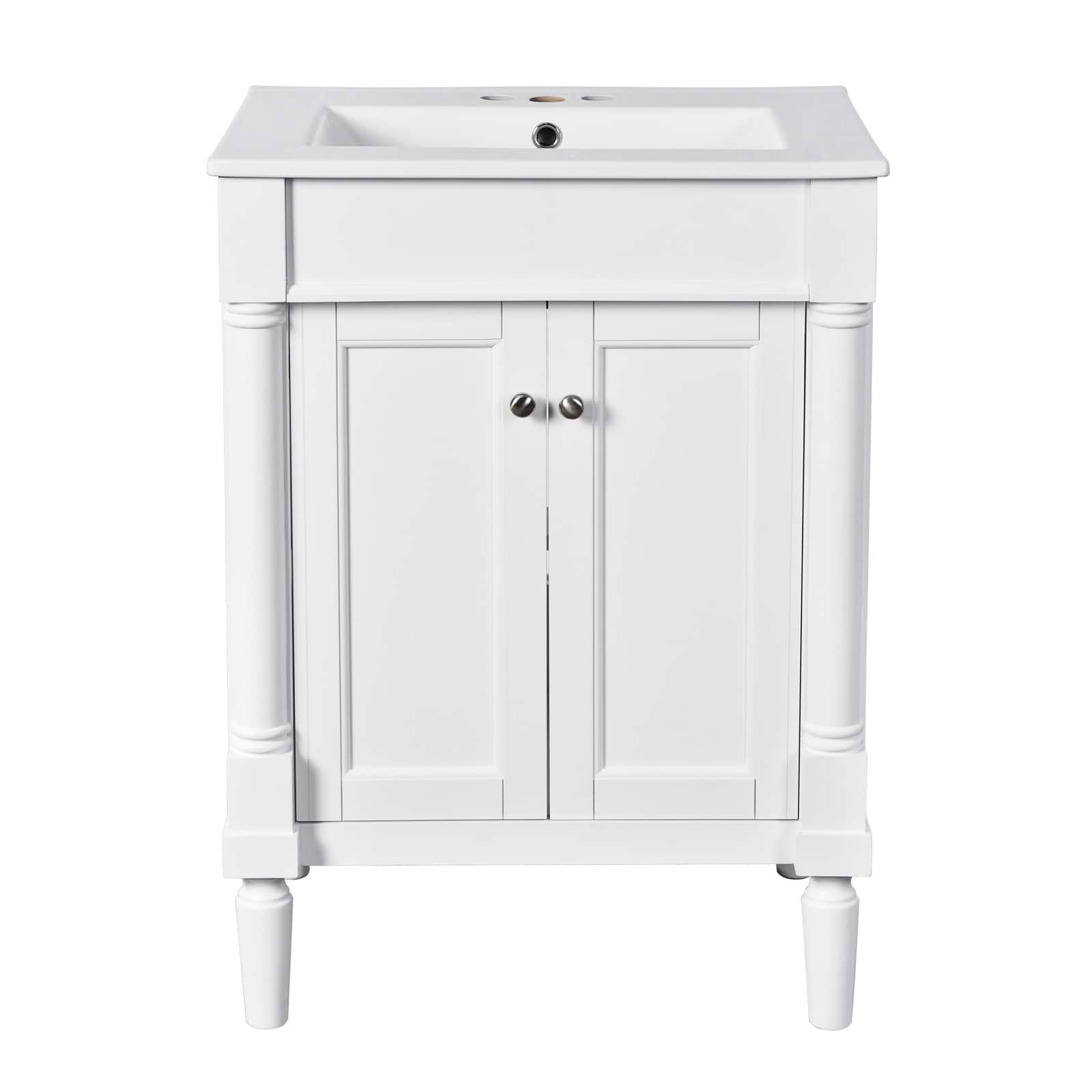 Front. Glintex - 24'' Bathroom Vanity with Top Sink, 2-Tier Bathroom Storage Cabinet, Single Sink Bathroom Vanity, Large Storage Shelves - White.