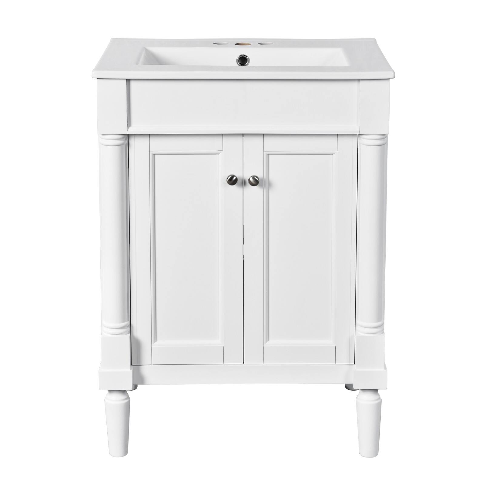 Front. Glintex - 24'' Bathroom Vanity with Top Sink, 2-Tier Bathroom Storage Cabinet, Single Sink Bathroom Vanity, Large Storage Shelves - White.