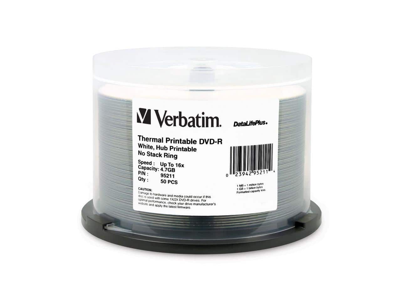 Verbatim - 4.7GB 16X DataLifePlus DVD-R White Thermal Printable 50 Packs Spindle Disc Model 95211 - Retail
