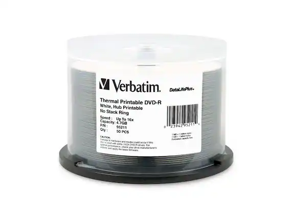 Verbatim. DataLifePlus. Thermal Printable DVD-R White, Hub Printable No Stack Ring Speed: Up To 16x Capacity: 4.7GB 95211 P/N: 95211 0 23942 Qty: 50 PCS
CAUTION: Damage to hardware and media could occur if this is used with some 1X/2X DVD-R drives. For optimal performance, check your drive manufacturer's website and apply the latest firmware.