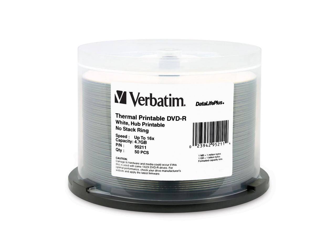 Verbatim. DataLifePlus. Thermal Printable DVD-R White, Hub Printable No Stack Ring Speed: Up To 16x Capacity: 4.7GB 95211 P/N: 95211 0 23942 Qty: 50 PCS

CAUTION: Damage to hardware and media could occur if this is used with some 1X/2X DVD-R drives. For optimal performance, check your drive manufacturer's website and apply the latest firmware.