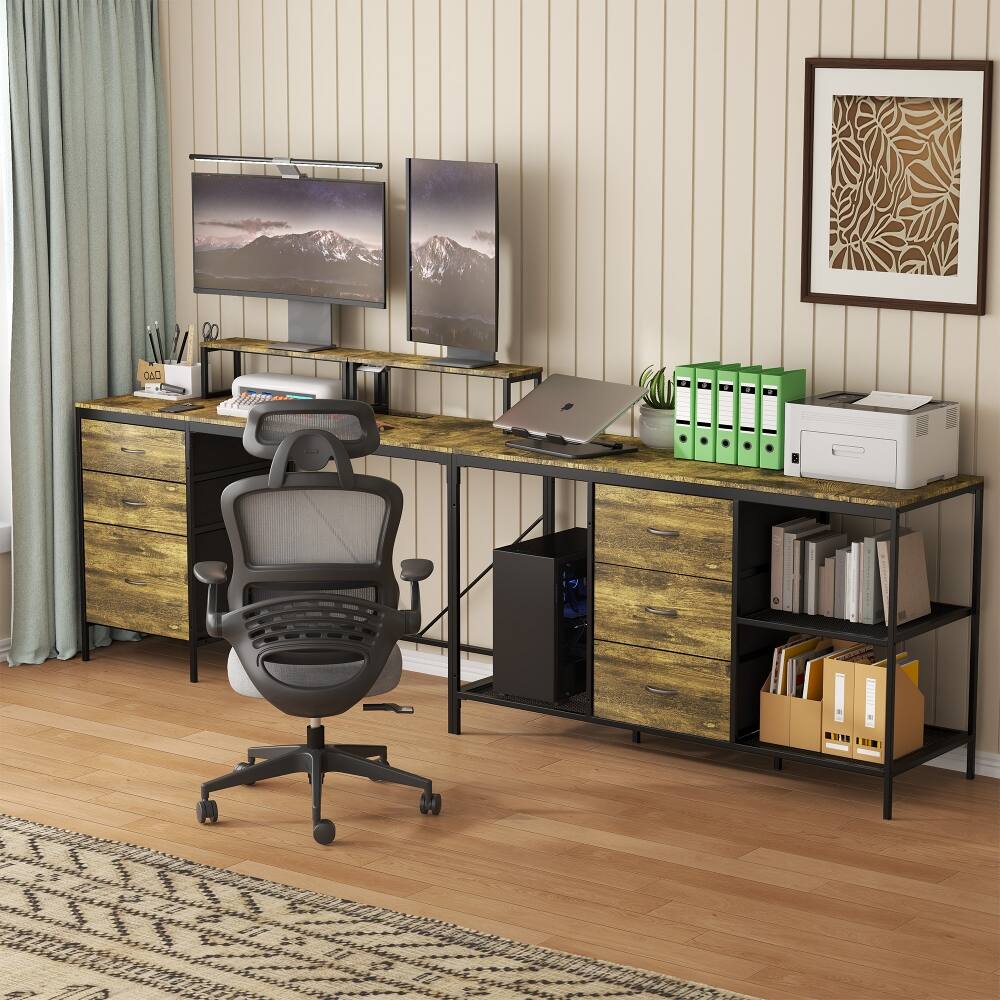 Left. Loheer - Loheer 114 Inch L-Shaped Desk with Power Hub, Industrial Gaming Desk, 6 Drawers, Rustic Brown - Rustic Brown.