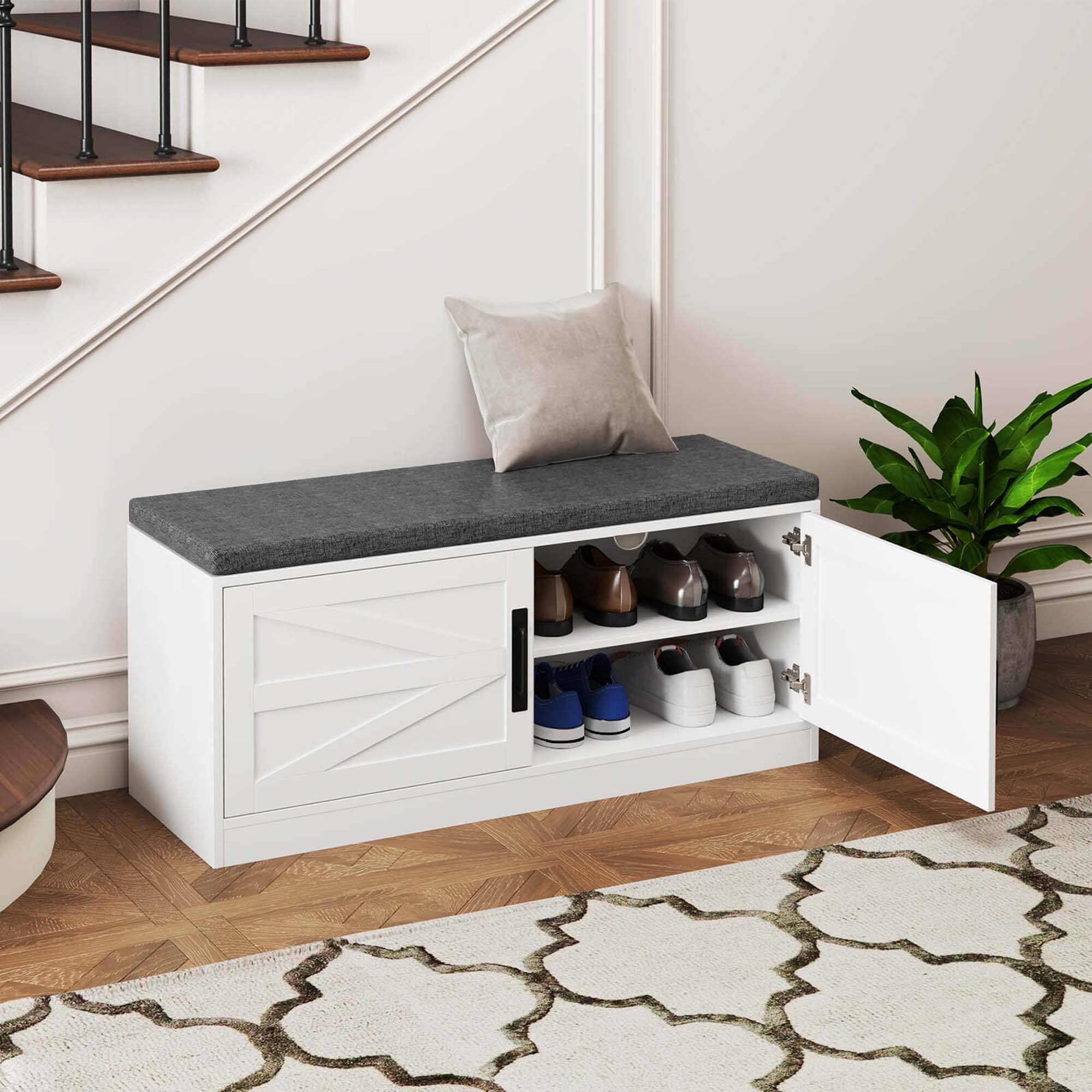 Alt View 4. Costway - Costway Shoe Bench Farmhouse Shoe Rack Organizer with Cushion 2 Doors 2 Adjustable Shelves - White.
