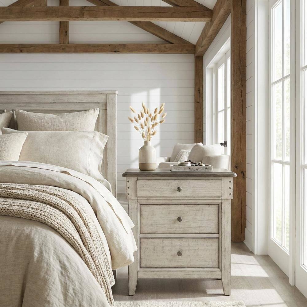 Alt View 2. Starlight Canyon Home - White Finish Nightstand with Charging Station and Weathered Linen Touch - White.