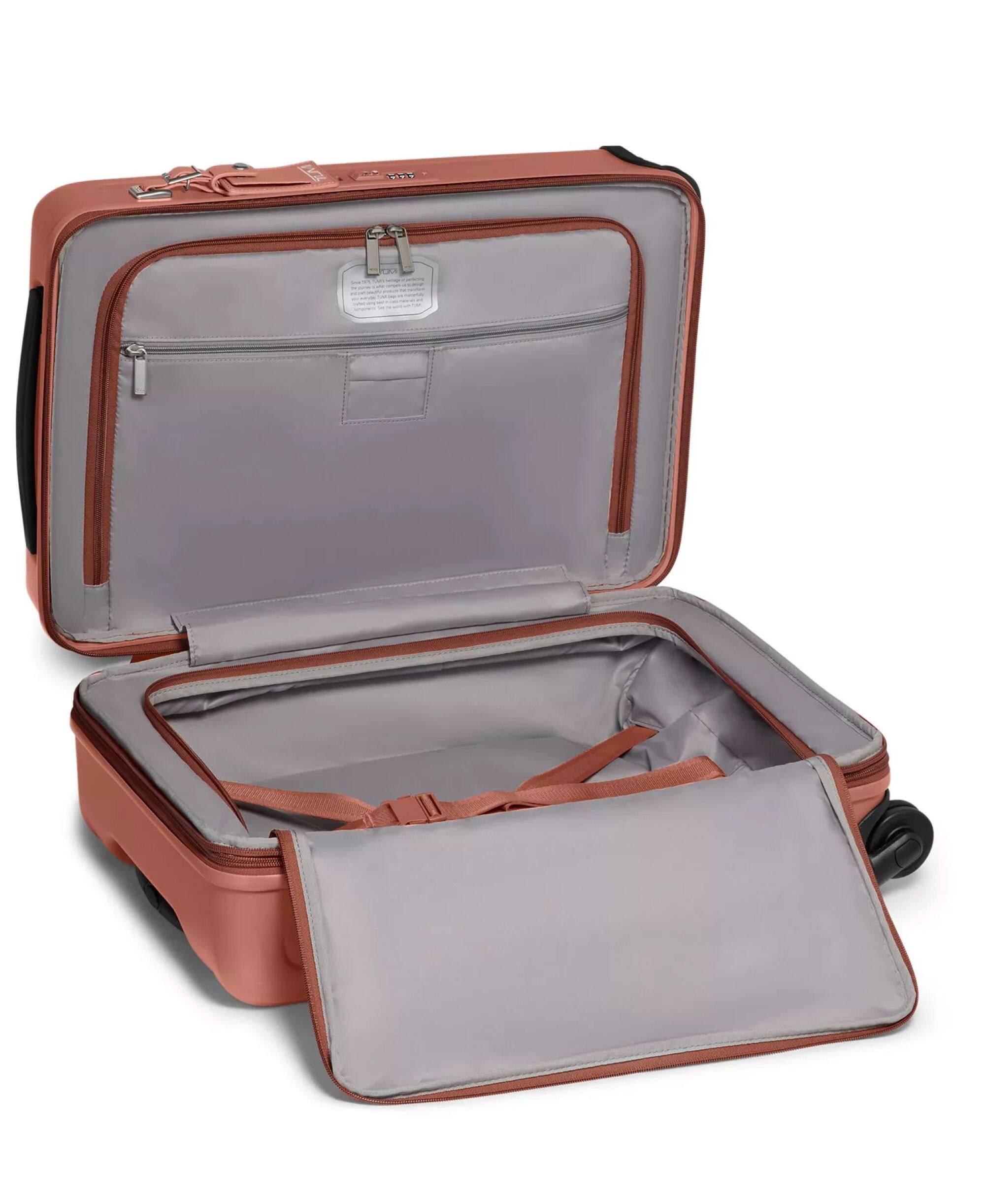 Angle. TUMI - Ventra Expandable Carry-On Spinner Suitcase - Cinnebar Texture.