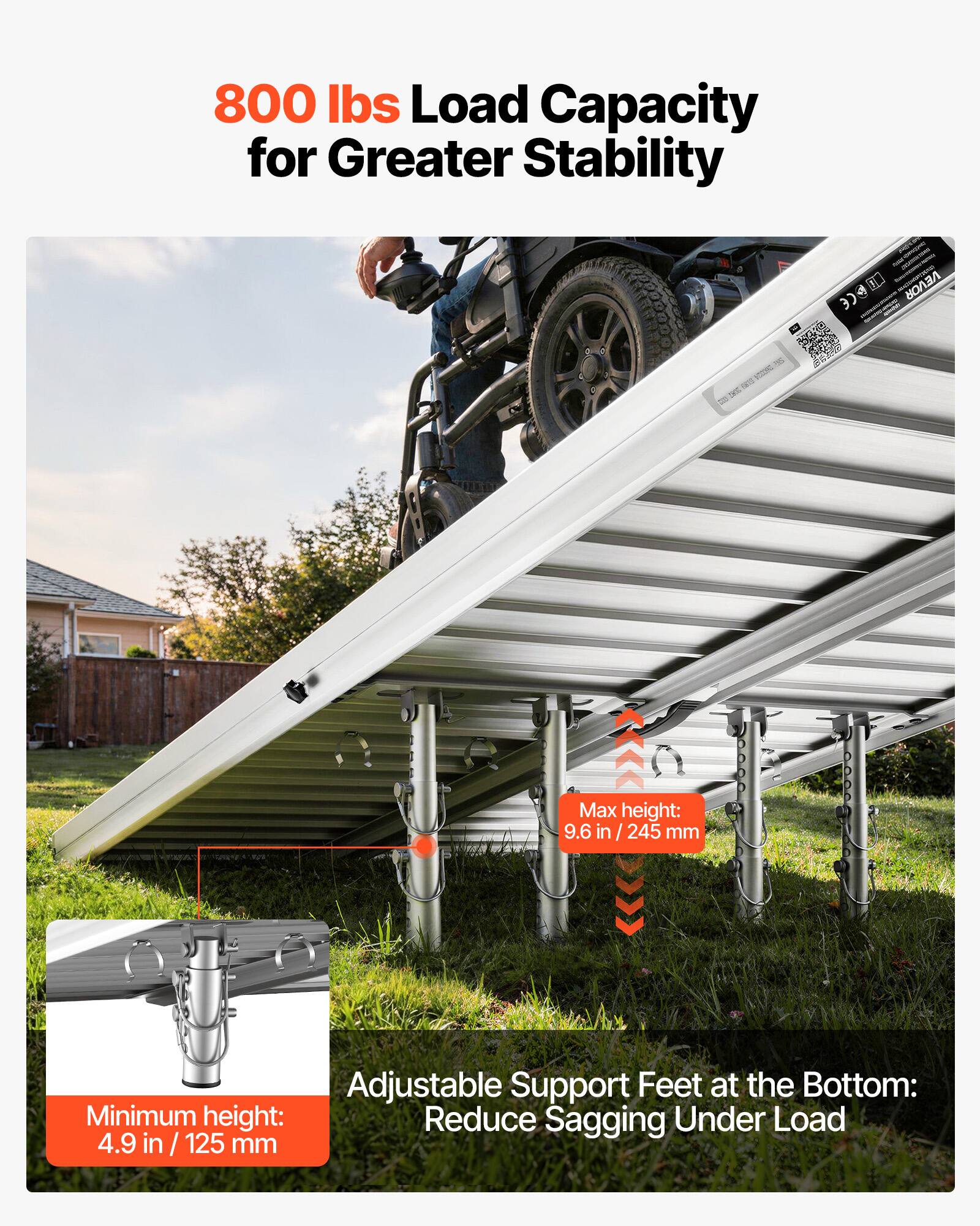 800 lbs Load Capacity for Greater Stability

Max height: 9.6 in / 245 mm

Adjustable Support Feet at the Bottom: Minimum height: 4.9 in / 125 mm Reduce Sagging Under Load