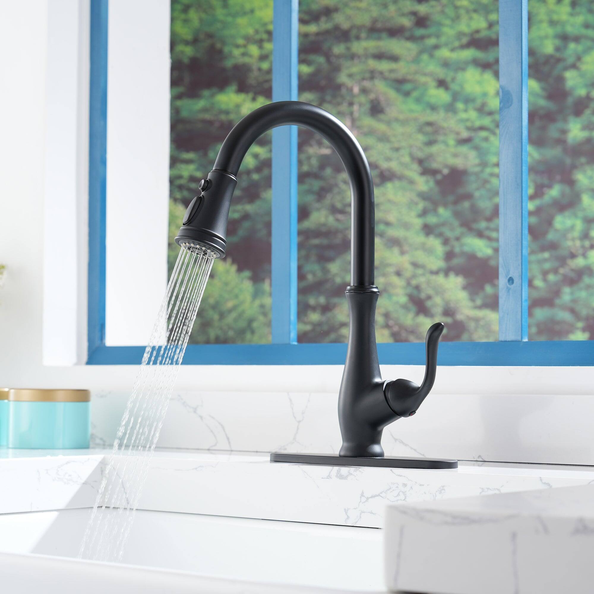 Alt View 4. Boyel Living - 3-Spray Patterns Modern 1.8 GPM Single Handle Pull Down Sprayer Kitchen Faucet with Deck Plate in Matte Black - Matte Black.