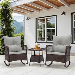 U-HOMY - 3-Piece PE Rattan Rocking Chair Patio Set with Cushions & Coffee Table, Rattan Outdoor Furniture - Gray