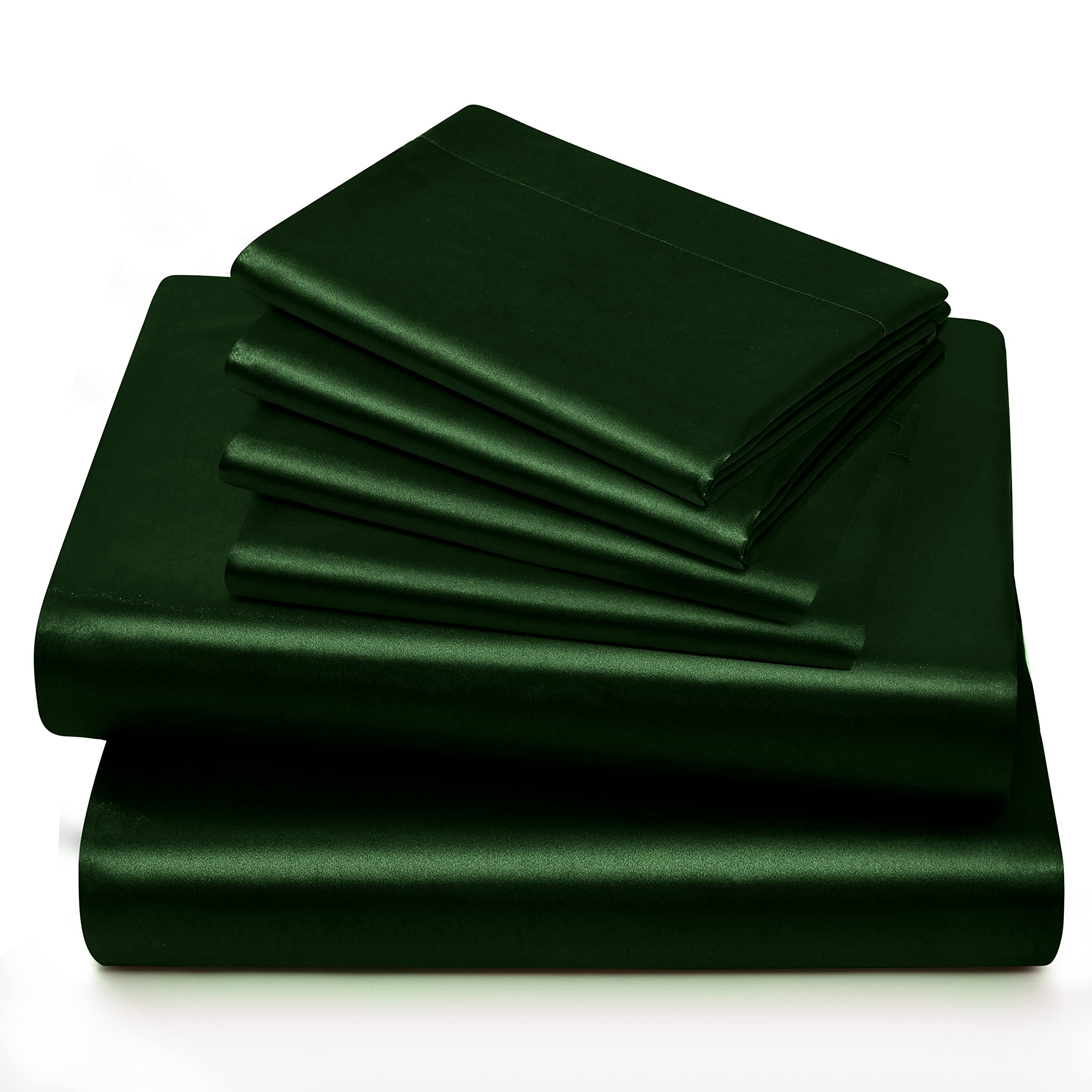 Alt View 1. Stylel Star - 6 Piece Satin Sheet Set Queen Size Luxury Silky & Soft Green Bed With 16" Deep Pocket  1 Fitted Flat 4 Pillowcases - Emerald Green-Queen.