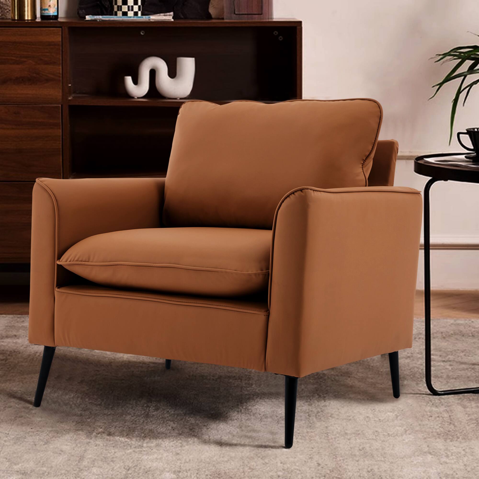 Alt View 5. GOODSILO - Nordic Retro Light Luxury Leather Upholstered Sofa Chair for Living Room, Bedroom, or Balcony - Brown.