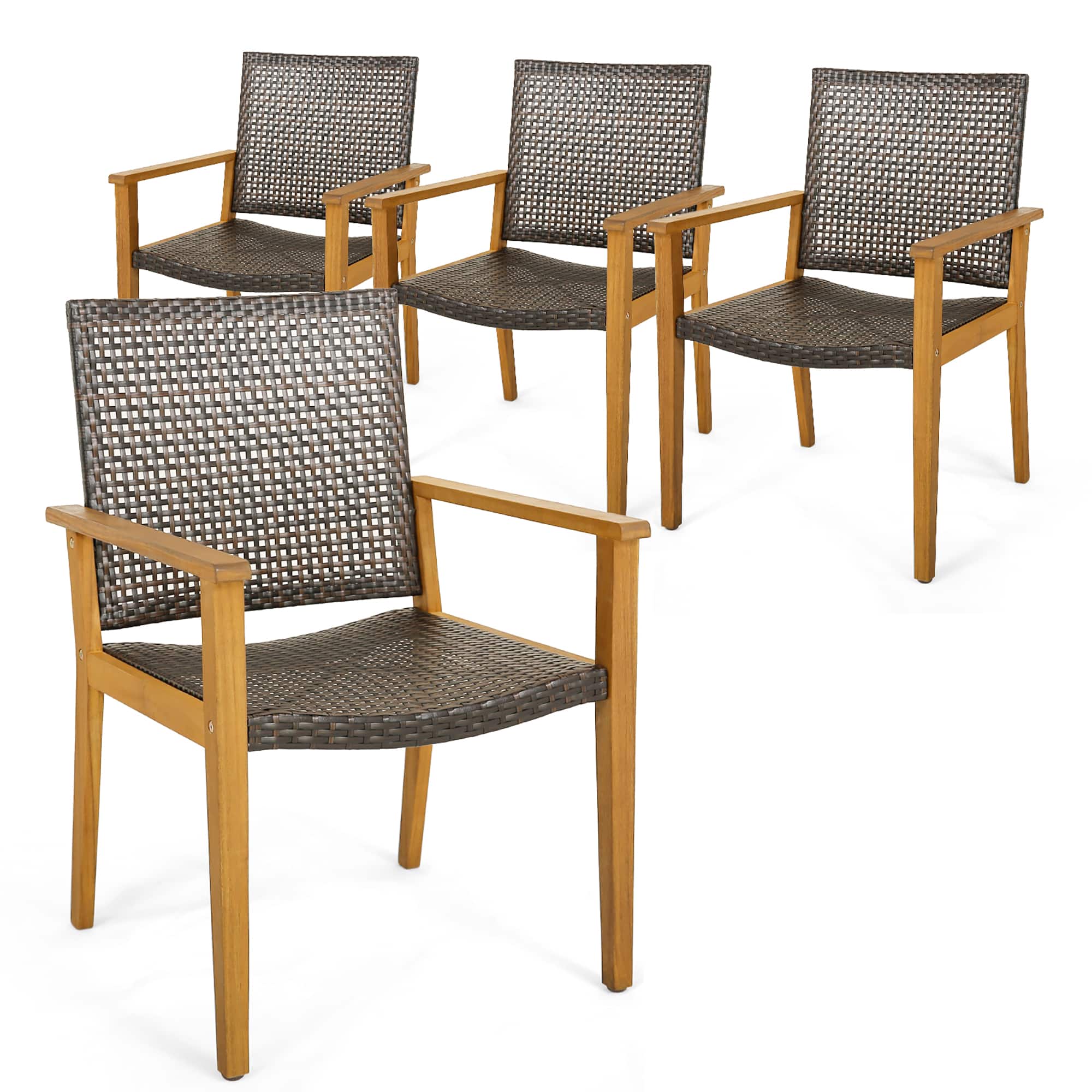 Gymax - Outdoor Rattan Chair Set of 4 Patio PE Wicker Dining Chairs w/ Sturdy Acacia Wood Frame - Mix Brown, Natural