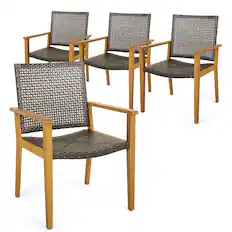 Front. Gymax - Gymax Outdoor Rattan Chair Set of 4 Patio PE Wicker Dining Chairs w/ Sturdy Acacia Wood Frame - Mix Brown, Natural.
