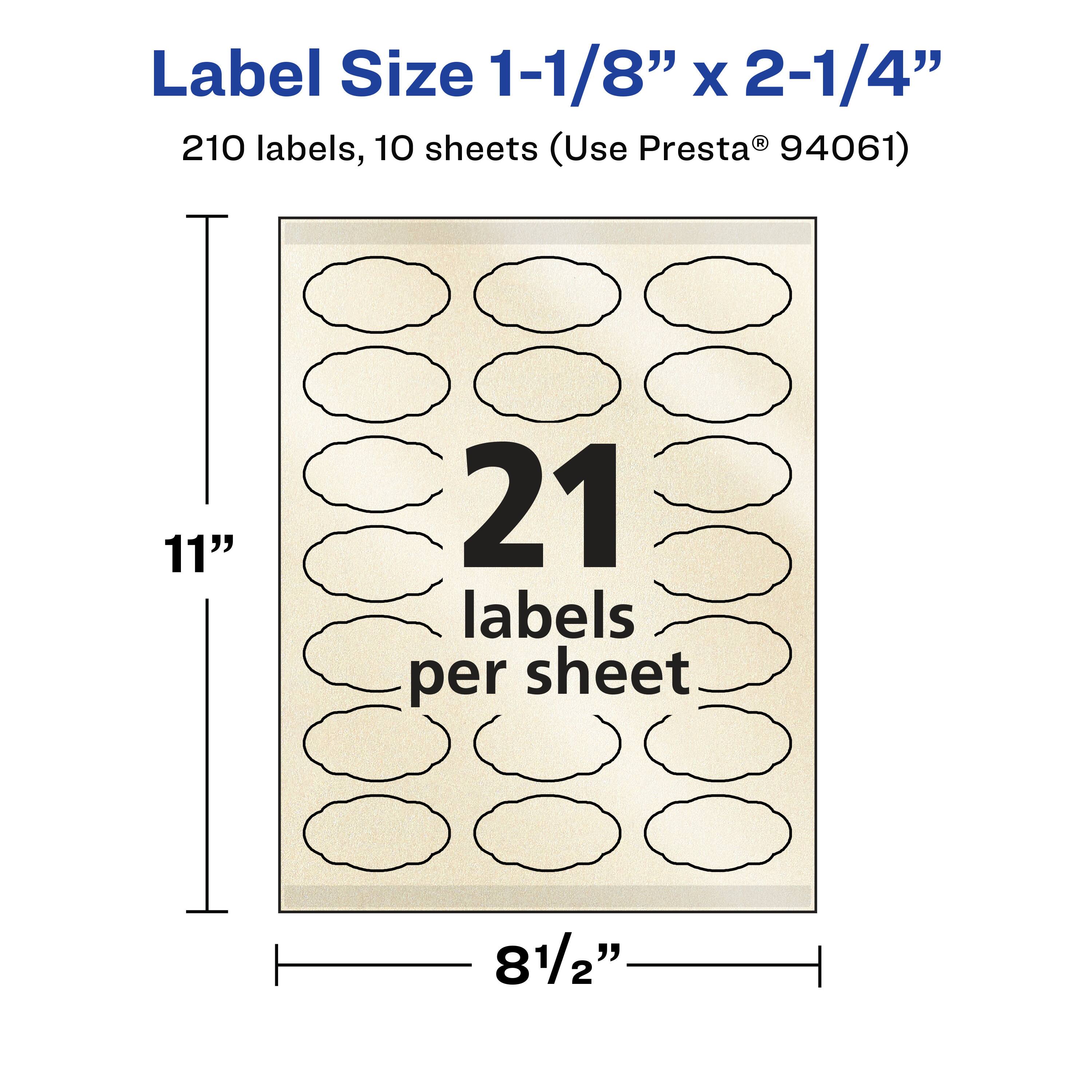Label Size 1-1/8" x 2-1/4"  
210 labels, 10 sheets (Use Presta® 94061)  
11" x 8-1/2"  
21 labels per sheet