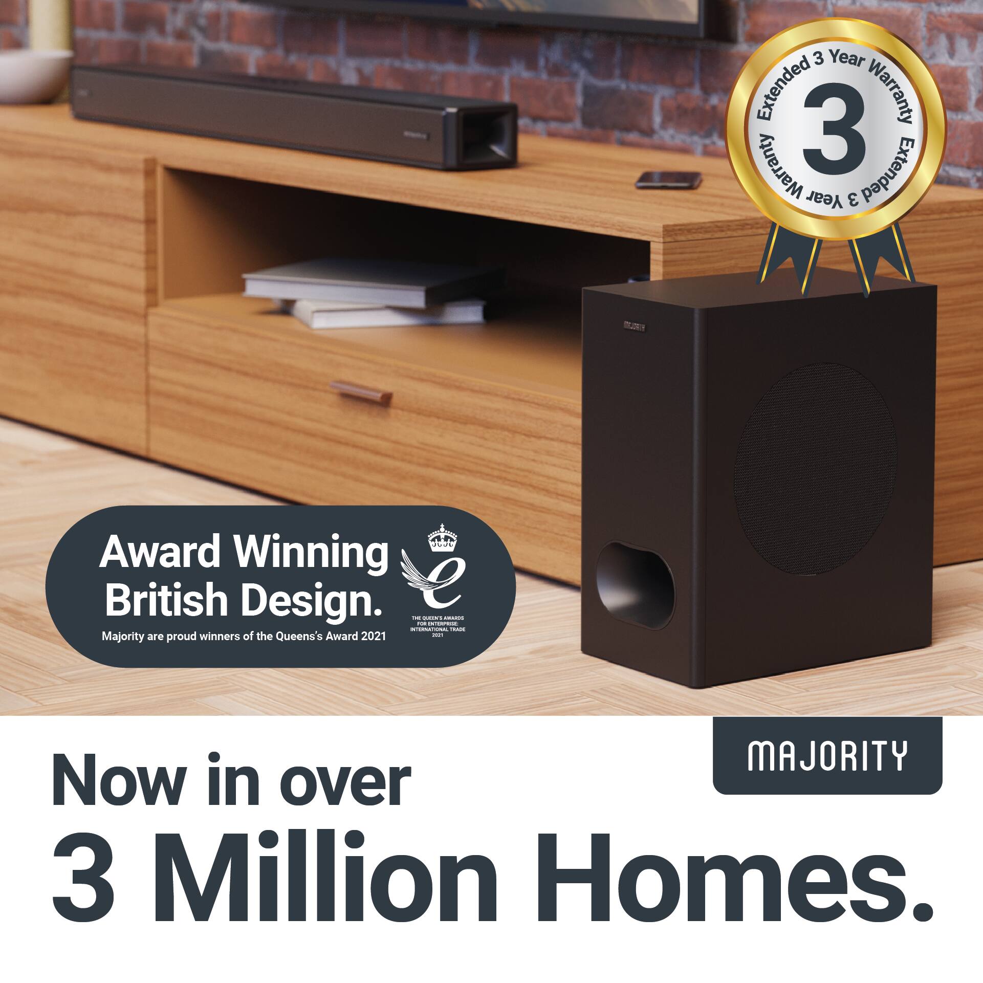 The text on the image is grouped and corrected as follows:

"3 Year Extended Warranty Award Winning British Design. Majority are proud winners of the Queen's Award 2021. Now in over 3 Million Homes."