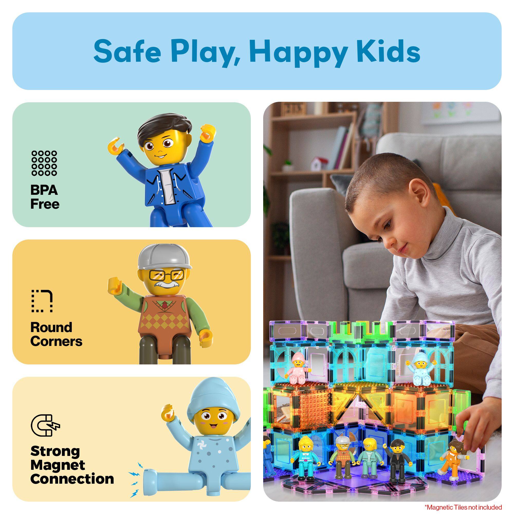 Safe Play, Happy Kids

BPA Free

Round Corners

Strong Magnet Connection

"Magnetic Tiles not included"