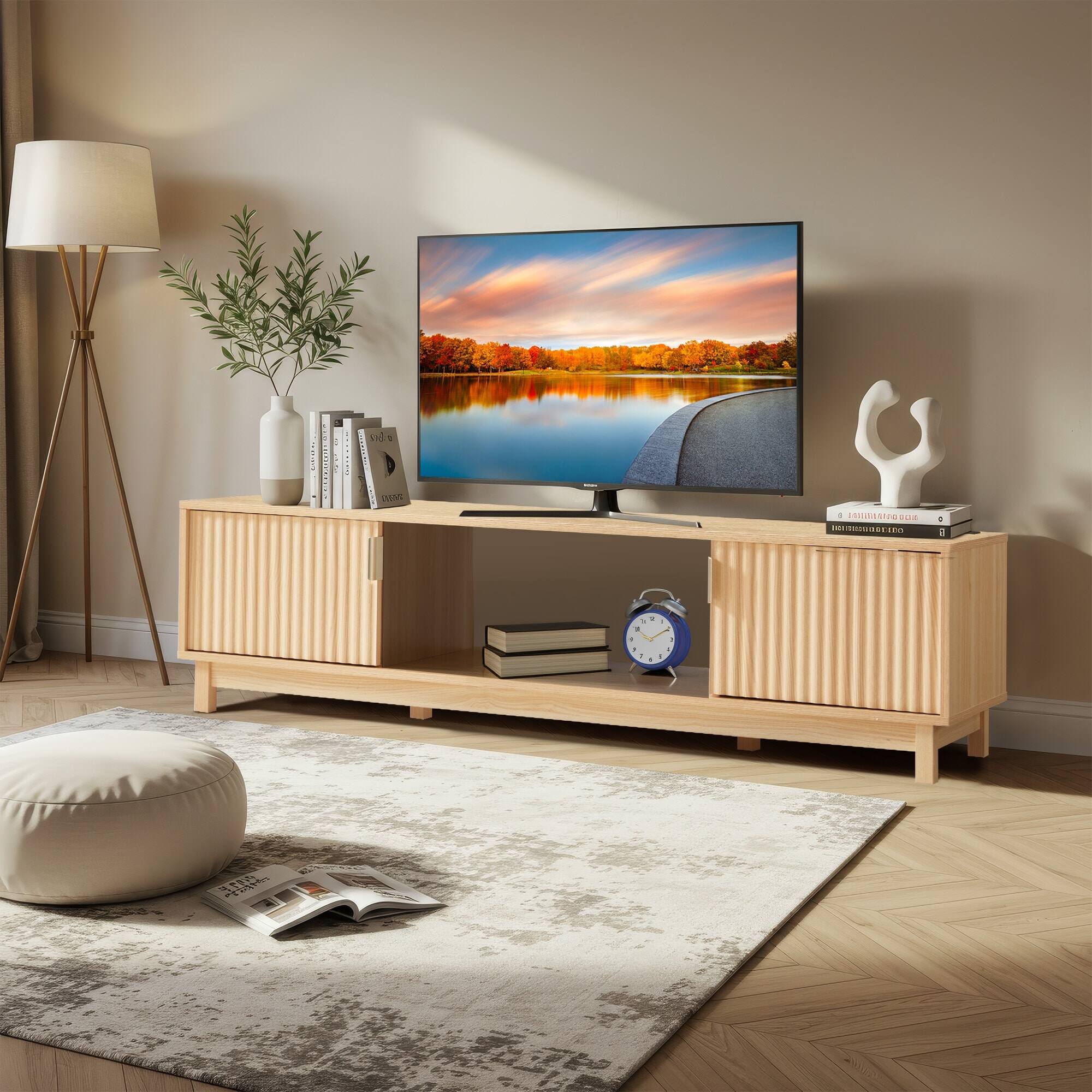 U-HOMY - Mid Century Modern TV Stand for 58/70 Inch TVs, Fluted Door Entertainment Center with Power Outlet & Storage - 58"