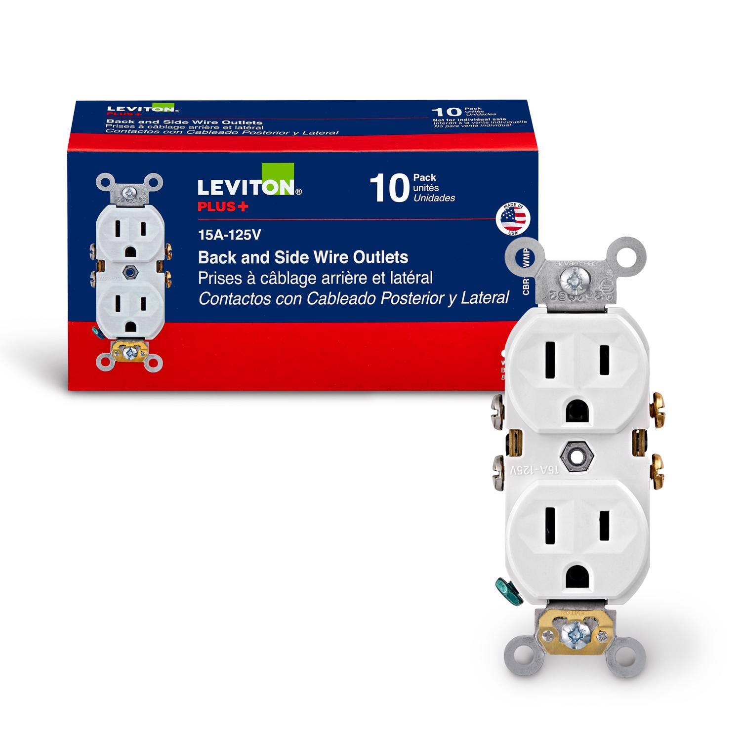 LEVITON PLUS+ Back and Side Wire Outlets  
Prises à câblage arrière et latéral  
Contactos con Cableado Posterior y Lateral  

Pack 10 units  
Unidades  

15A-125V  
USA  

MADE IN USA