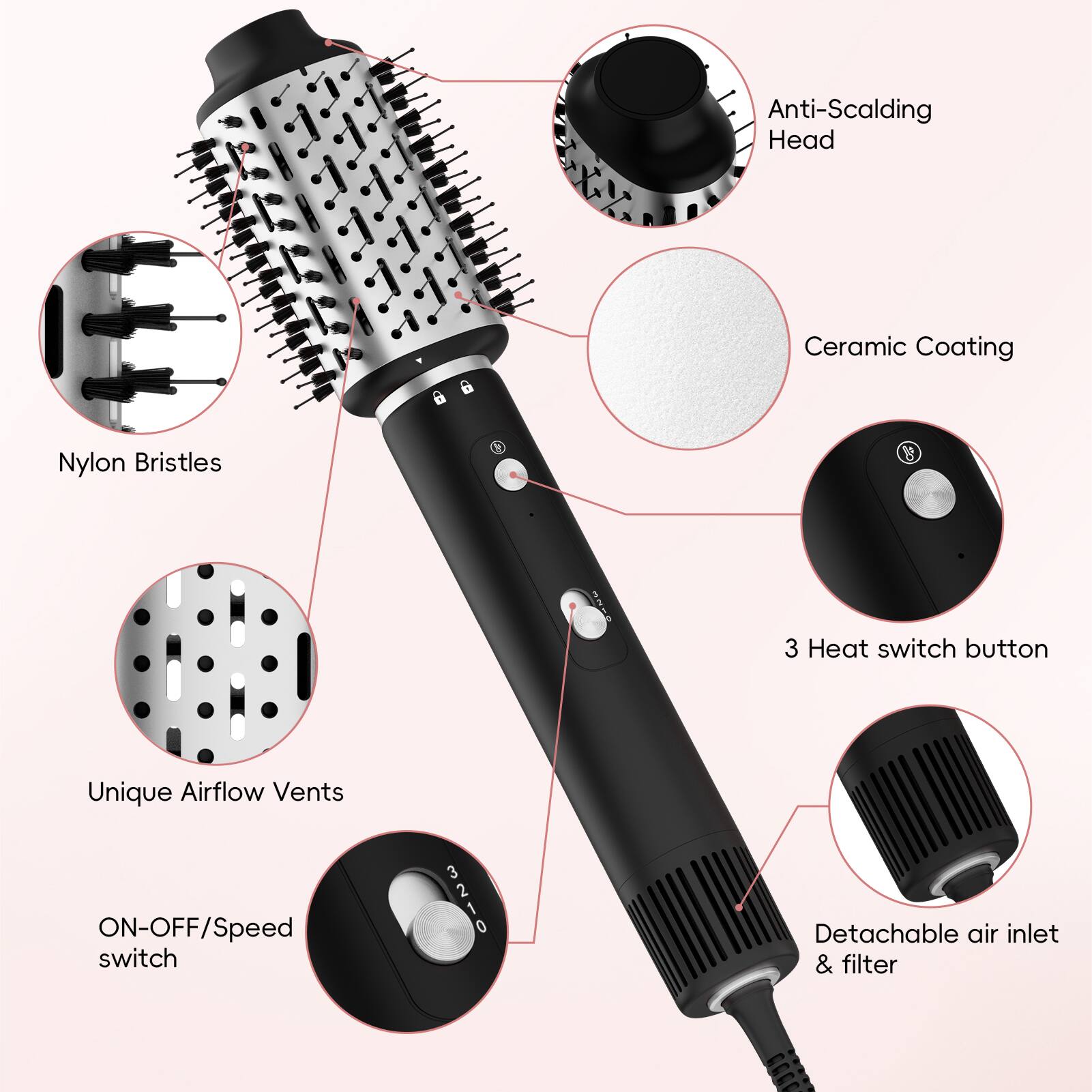 - Anti-Scalding Head
- Ceramic Coating
- Nylon Bristles
- Unique Airflow Vents
- 3 Heat switch button
- ON-OFF/Speed switch
- Detachable air inlet & filter