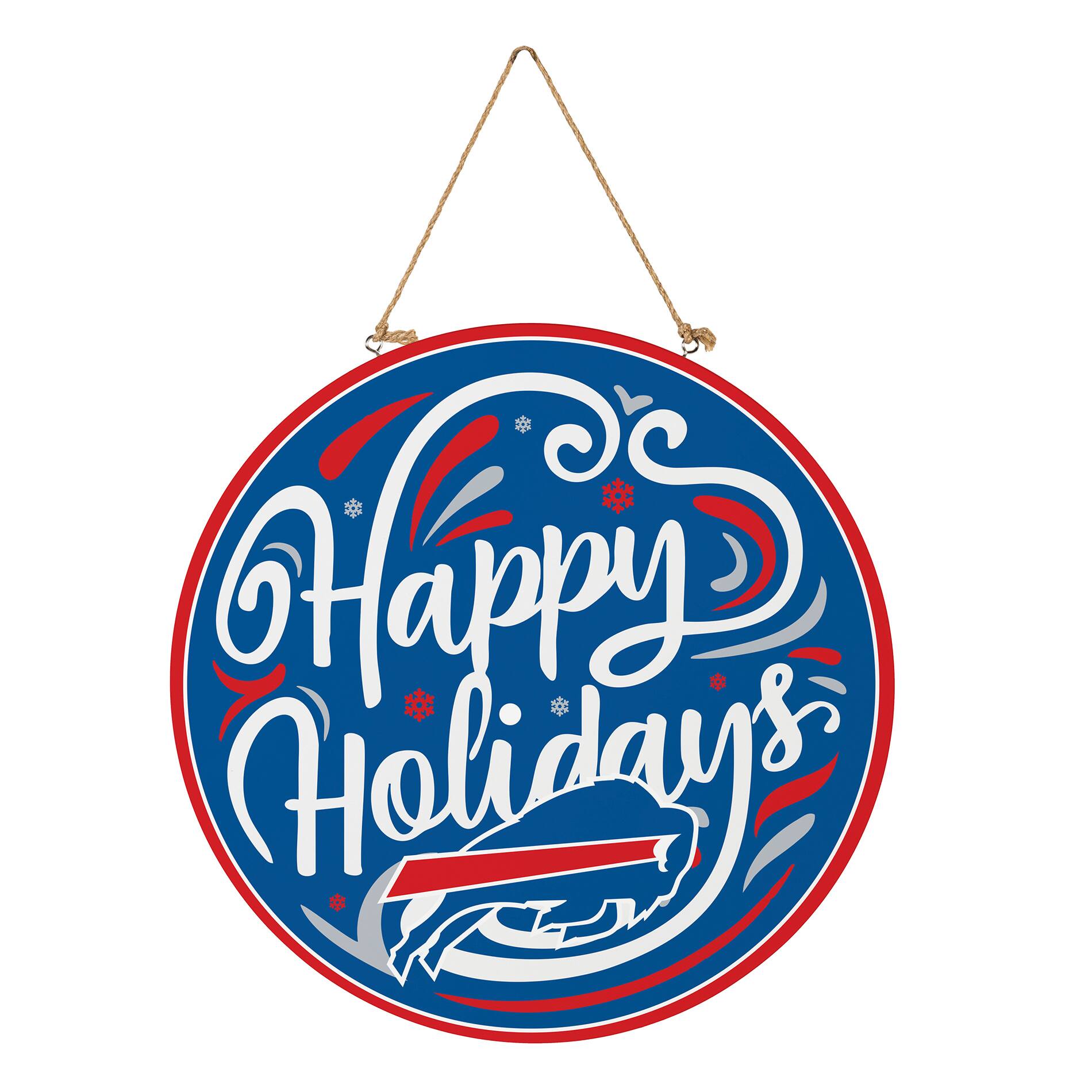 Alt View 2. Evergreen Enterprises - Buffalo Bills 18" Happy Holidays Wooden Round Door Sign - Multicolor.