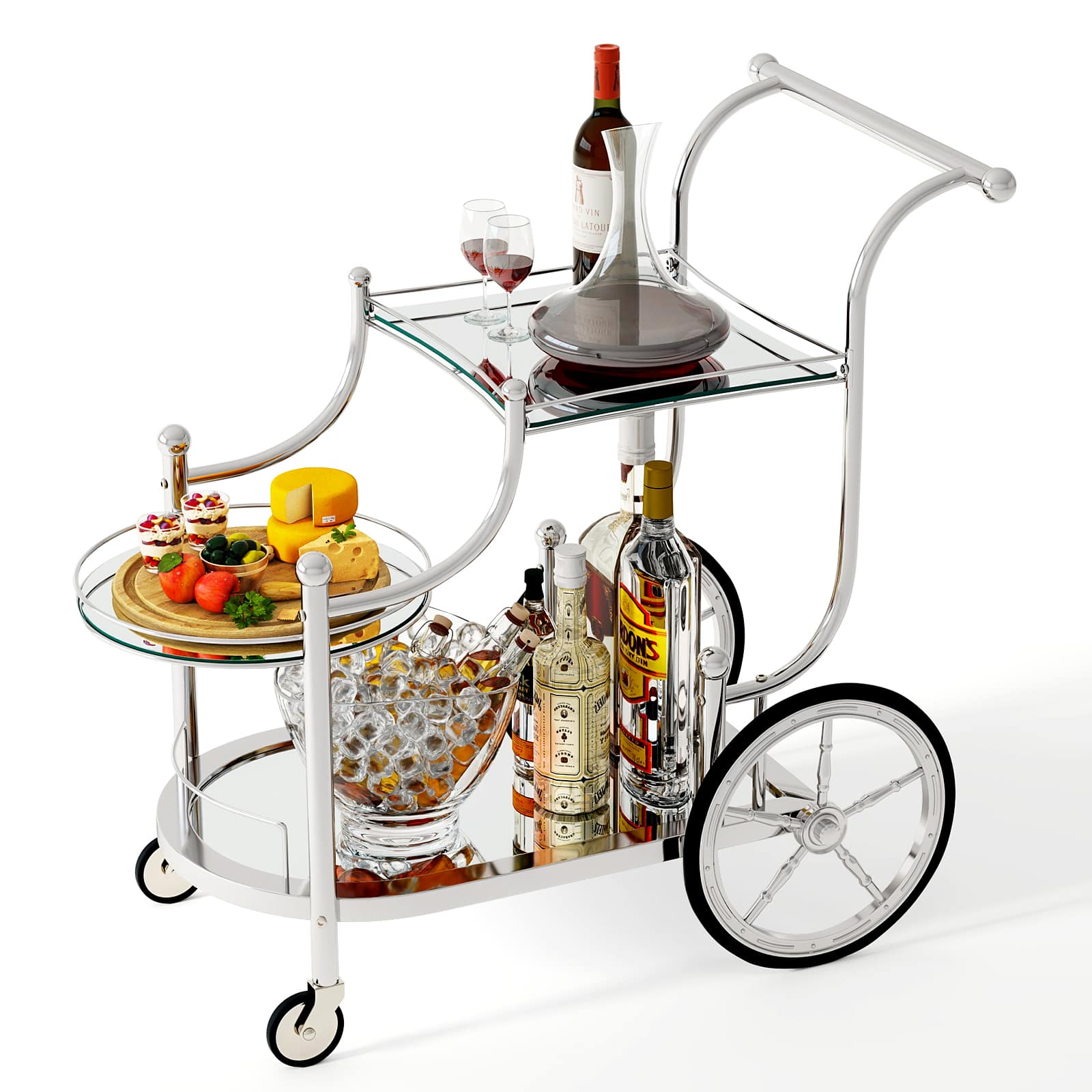 Gymax - Bar Cart 3-Tier Home Bar Serving Cart on Wheels w/ Mirrored Shelves - Silver