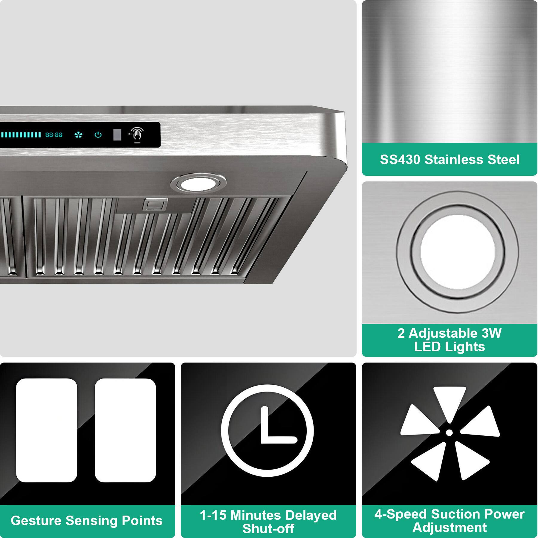 SS430 Stainless Steel  
2 Adjustable 3W LED Lights  
Gesture Sensing Points  
1-15 Minutes Delayed Shut-off  
4-Speed Suction Power Adjustment