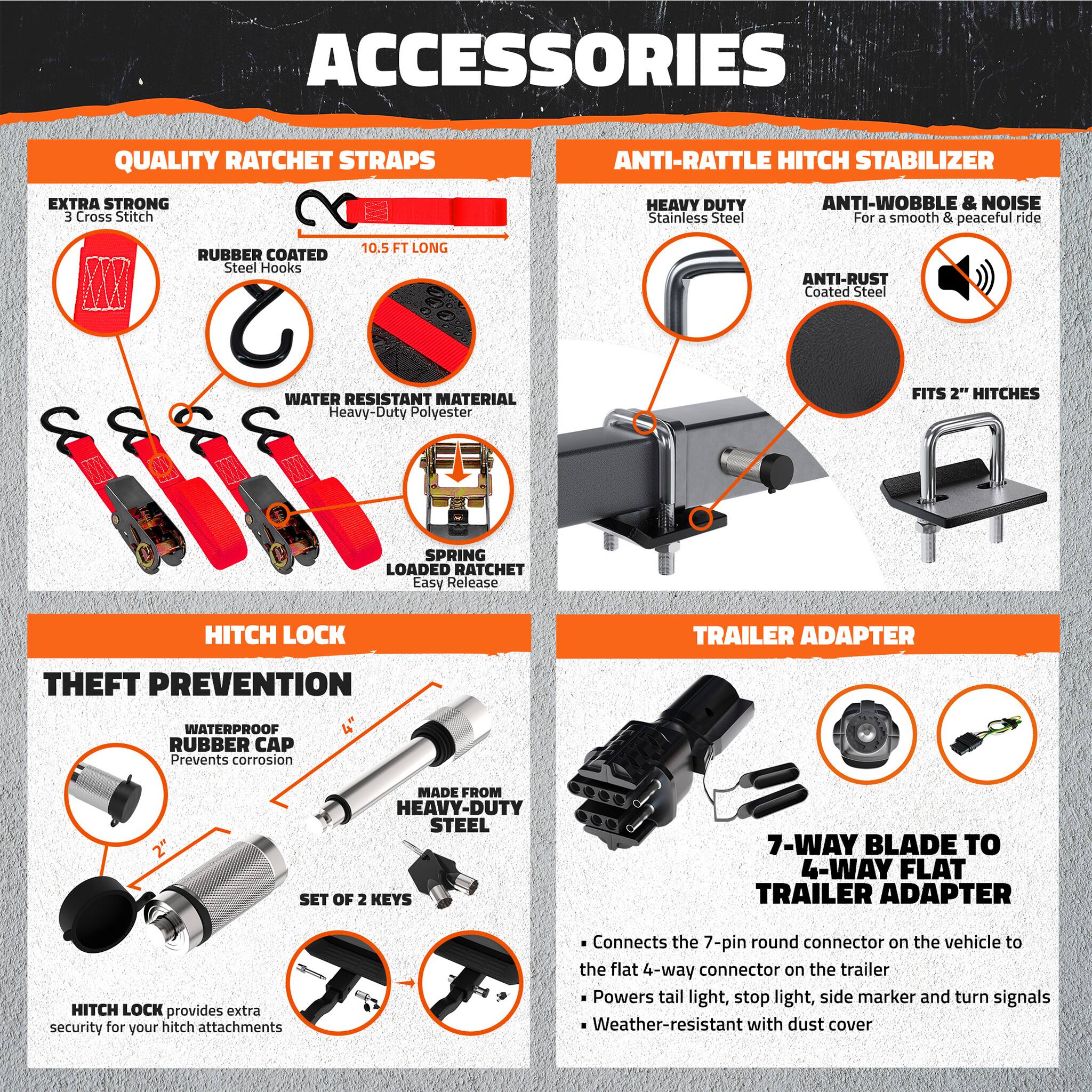 ACCESSORIES

QUALITY RATCHET STRAPS
- EXTRA STRONG
- 3 Cross Stitch
- RUBBER COATED Steel Hooks
- 10.5 FT LONG
- WATER RESISTANT MATERIAL Heavy-Duty Polyester
- SPRING LOADED RATCHET Easy Release

ANTI-RATTLE HITCH STABILIZER
- HEAVY DUTY Stainless Steel
- ANTI-WOBBLE & NOISE For a smooth & peaceful ride
- ANTI-RUST Coated Steel
- FITS 2" HITCHES

HITCH LOCK
- THEFT PREVENTION
- WATERPROOF RUBBER CAP Prevents corrosion
- MADE FROM HEAVY-DUTY STEEL
- SET OF 2 KEYS
- HITCH LOCK provides extra security for your hitch attachments

TRAILER ADAPTER
- 7-WAY BLADE TO 4-WAY FLAT TRAILER ADAPTER
- Connects the 7-pin round connector on the vehicle to the flat 4-way connector on the trailer
- Powers tail light, stop light, side marker and turn signals
- Weather-resistant with dust cover