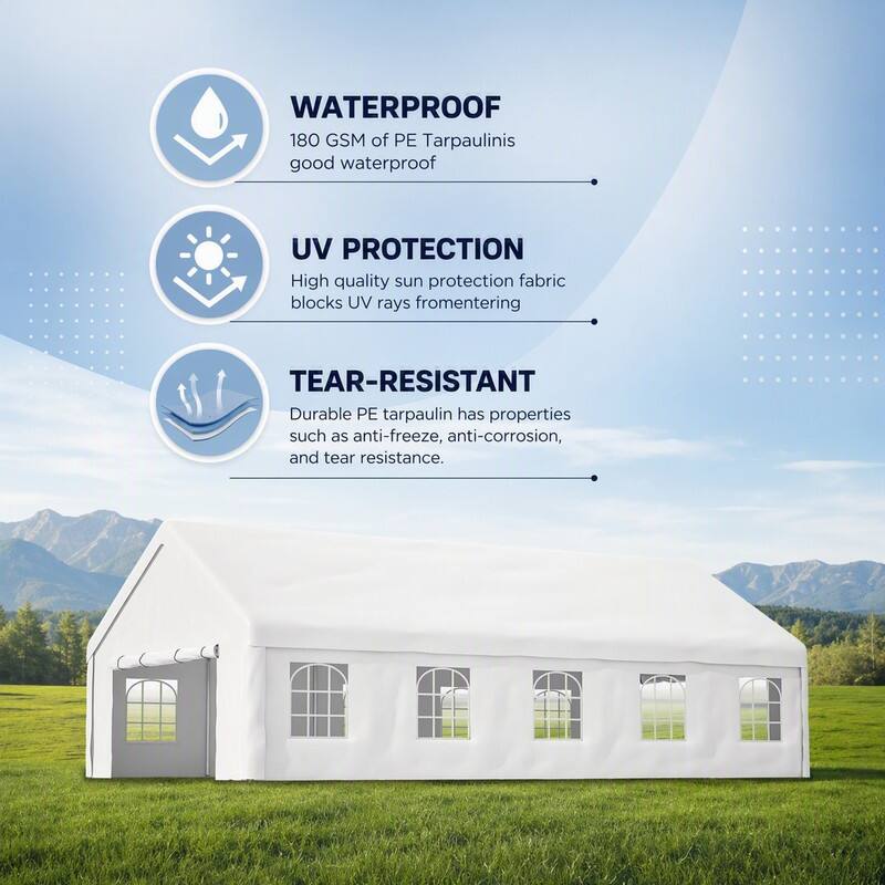 WATERPROOF  
180 GSM of PE Tarpaulin is good waterproof

UV PROTECTION  
High quality sun protection fabric blocks UV rays from entering

TEAR-RESISTANT  
Durable PE tarpaulin has properties such as anti-freeze, anti-corrosion, and tear resistance.