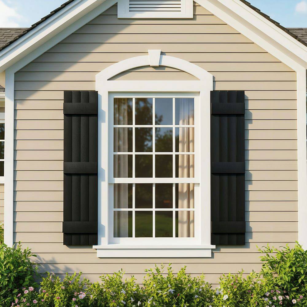 Alt View 6. Kadyn - Classic Board & Batten Faux Shutters with 3 Horizontal Bars for Timeless and Durable Exterior Elegance, 14"x59", Black - Black.