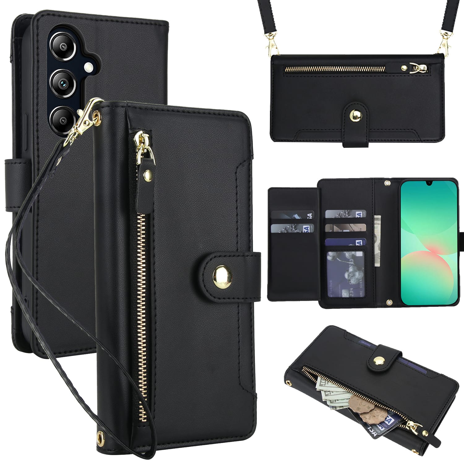 UUCOVER - For Samsung Galaxy A16 5G PU Leather Wallet Case with Card Slots Cash Holder, Zipper Pocket, Stand, Shoulder Wrist Strap - Black price history on PriceWatchPro