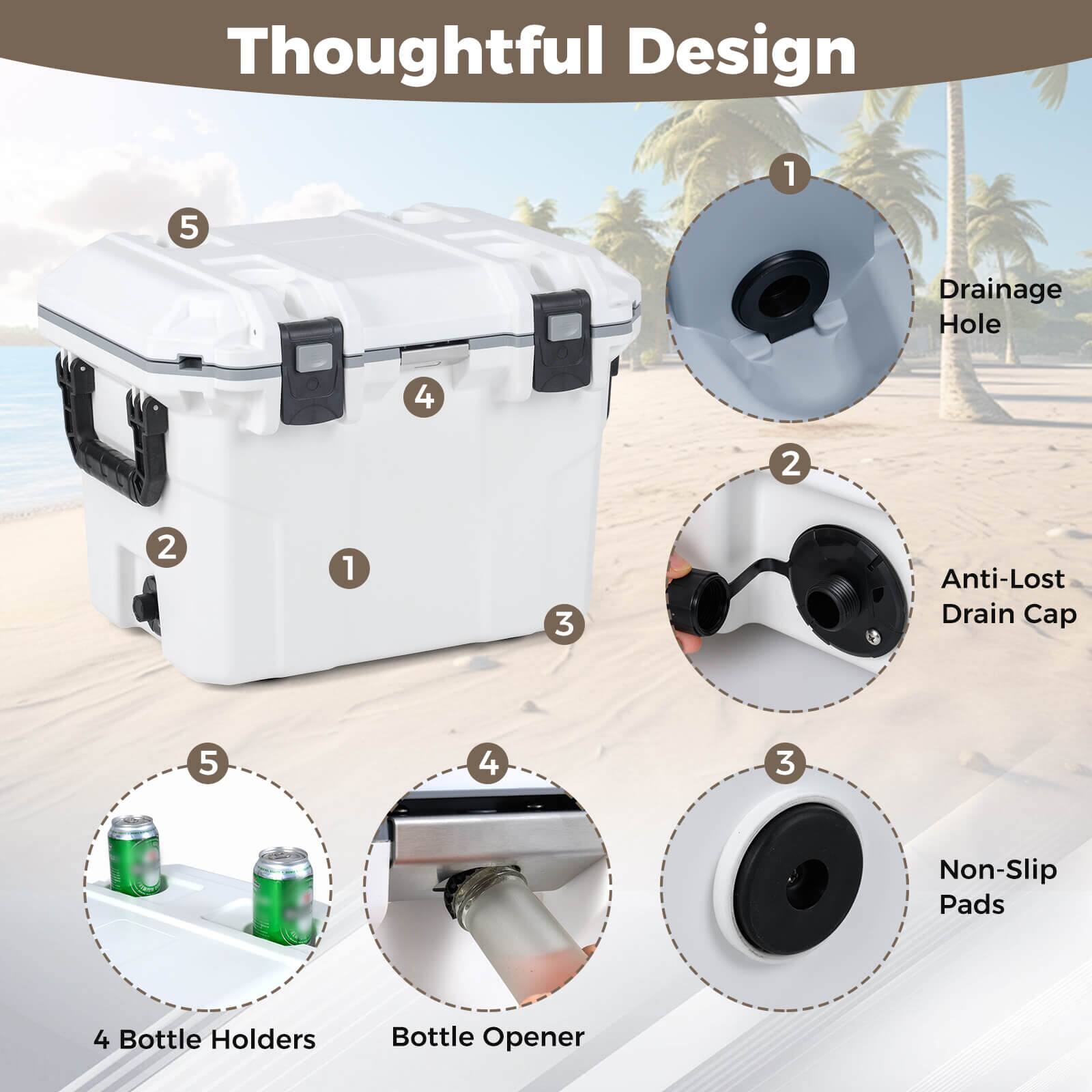 Thoughtful Design

1. Drainage Hole
2. Anti-Lost Drain Cap
3. Non-Slip Pads
4. Bottle Holders
5. Bottle Opener