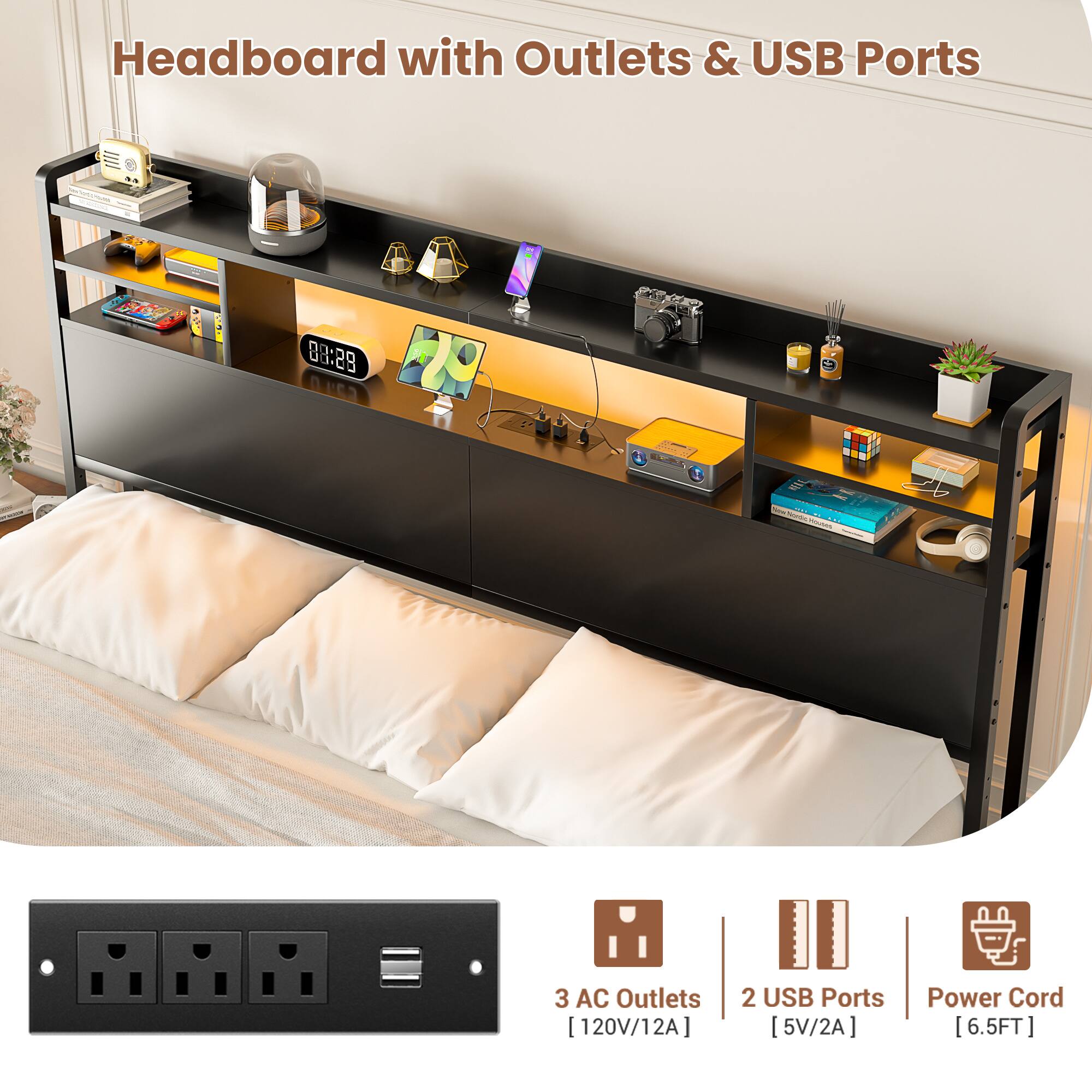 Headboard with Outlets & USB Ports

- 3 AC Outlets [120V/12A]
- 2 USB Ports [5V/2A]
- Power Cord [6.5FT]