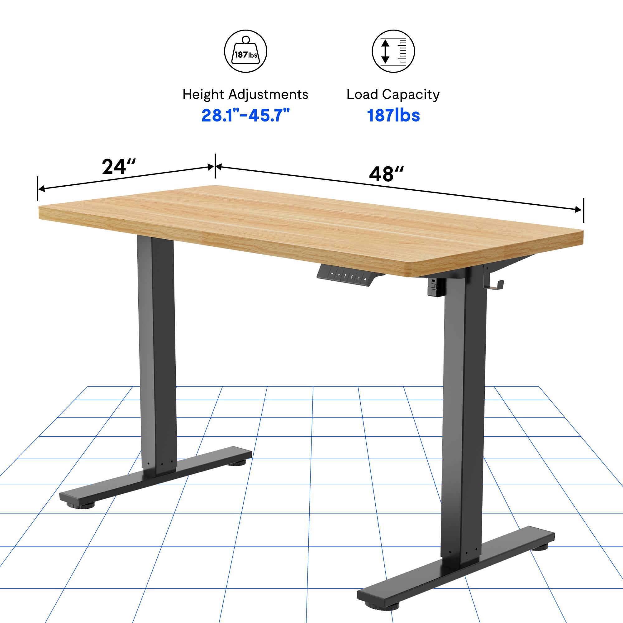 187 lbs  
Height Adjustments: 28.1" - 45.7"  
Load Capacity: 187 lbs  
24" x 48"