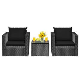 Kadyn - 3 Pcs Patio Wicker Conversation Set Garden Conversation Bistro Sets with Coffee Table and Cushions - Black