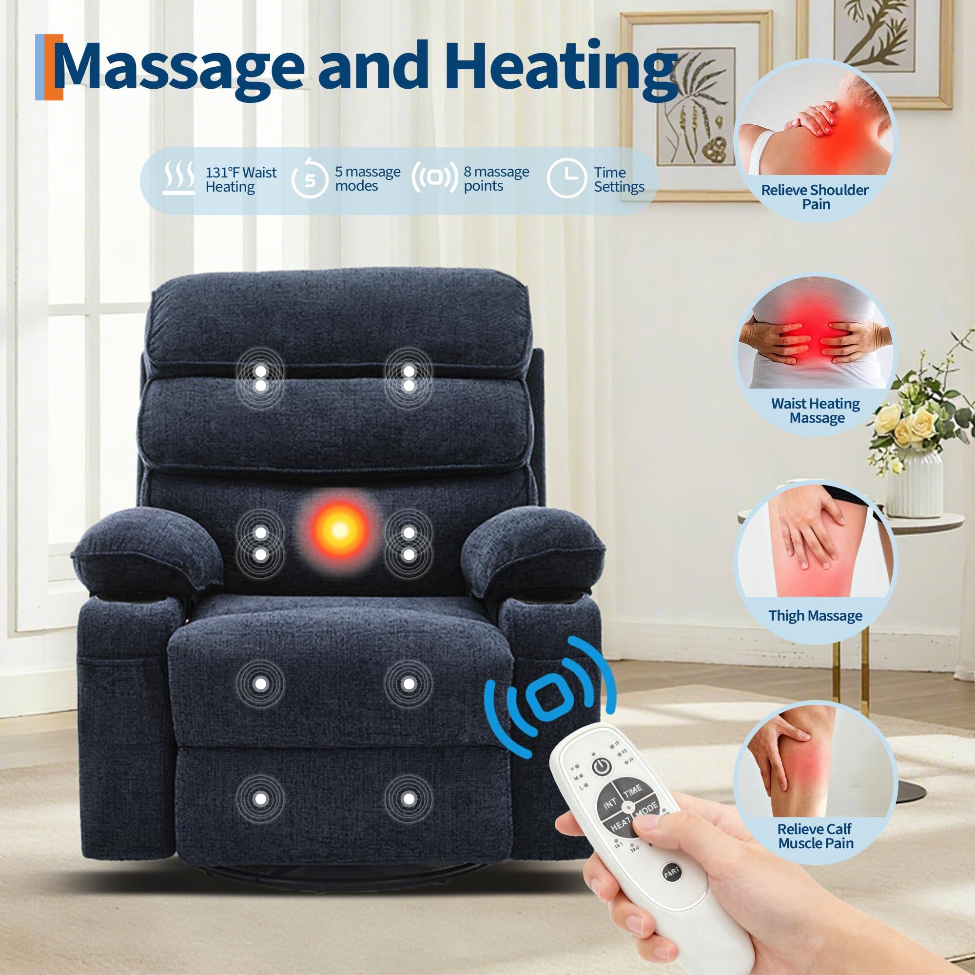 Massage and Heating

- 131°F Waist Heating
- 5 massage modes
- 8 massage points

Time Settings

- Relieve Shoulder Pain
- Waist Heating Massage
- Thigh Massage
- Relieve Calf Muscle Pain