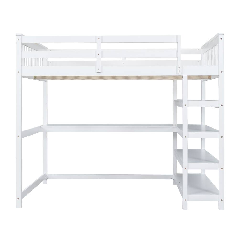 Alt View 4. Loheer - Loheer Full Size Loft Bed with Desk and Storage Shelves, White Solid Wood Space Saving Bed Frame - White.