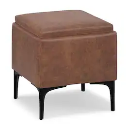 Simpli Home - Natasha 18 inch Square Mid Century Storage Ottoman with Tray Vegan Faux Leather, Assembled - Distressed Saddle Brown