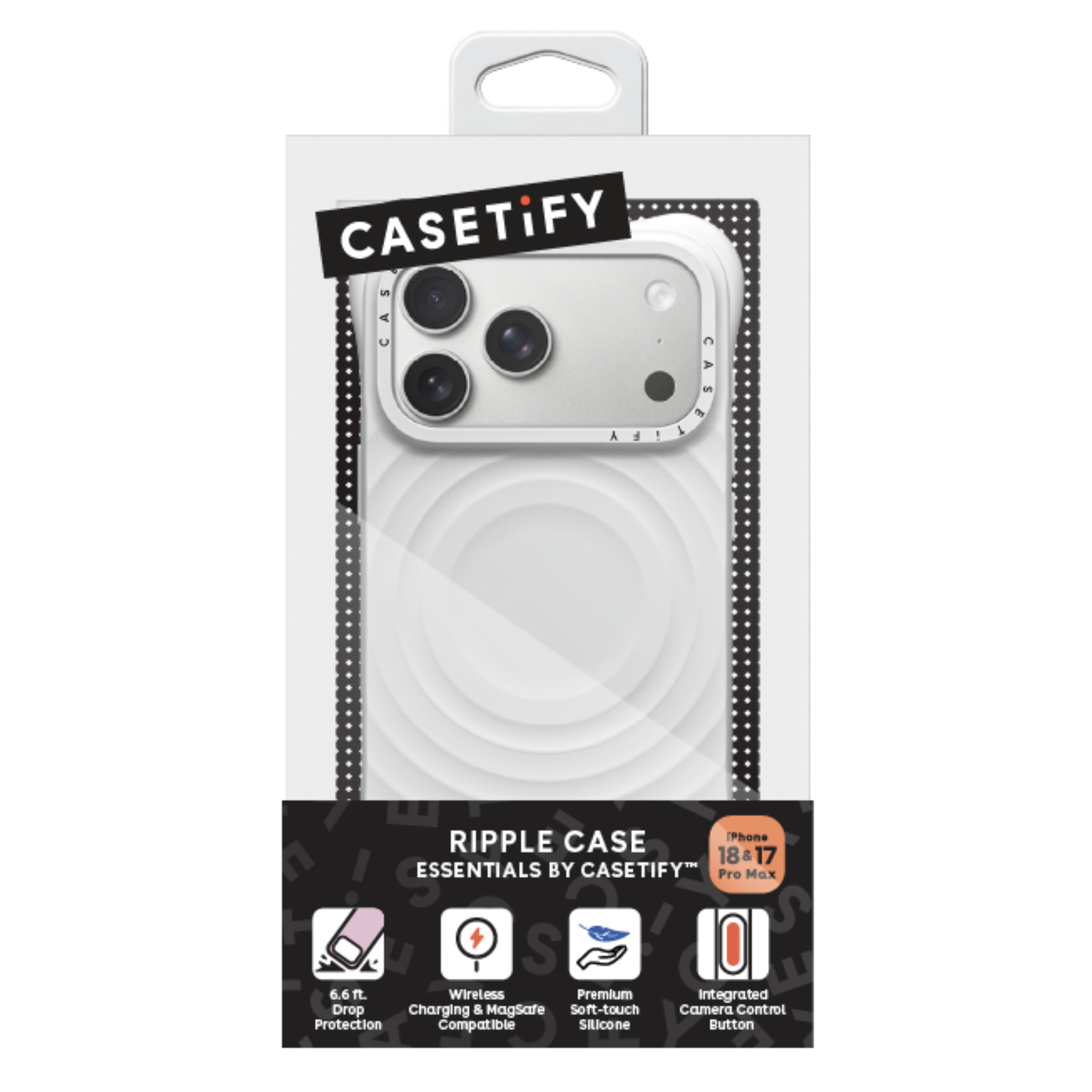 CASETiFY CAS
RIPPLE CASE iPhone 18&17 ESSENTIALS BY CASETiFY Pro Max
6.6 ft. Wireless Premium Integrated Drop Charging & Magsafe Soft-touch Camera Control Protection INSERS Compatible Silicone Button