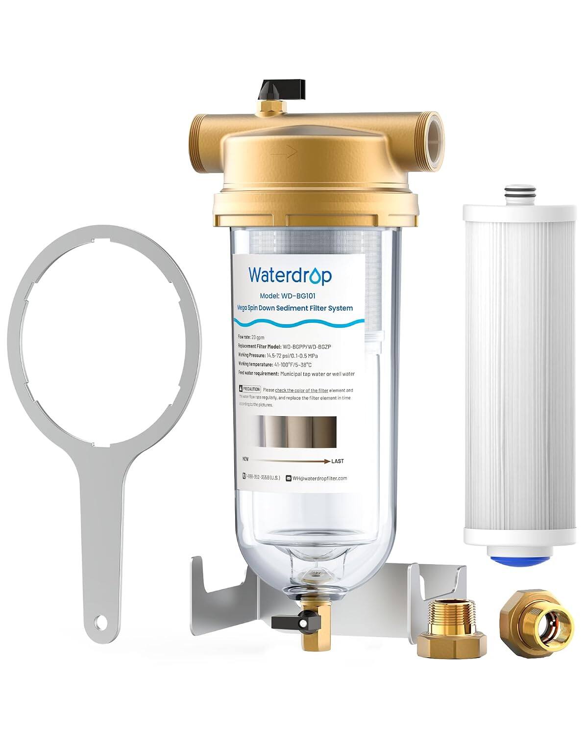 Waterdrop Model: WD-BG101 Vega Spin Down Sediment Filter System

Frontier S gom Procement Filter Model WD-BGPP/WD-BGZP

Working Pressure: 14.5-72 psi/0.1-0.5 MPa

Working temperatures: 41-100°F/5-38°C

Water requirement: Municipal tap water or well water

CAUTION: Please check the filter element regularly and replace it when the water flow is low.

WH@waterdropfilter.com