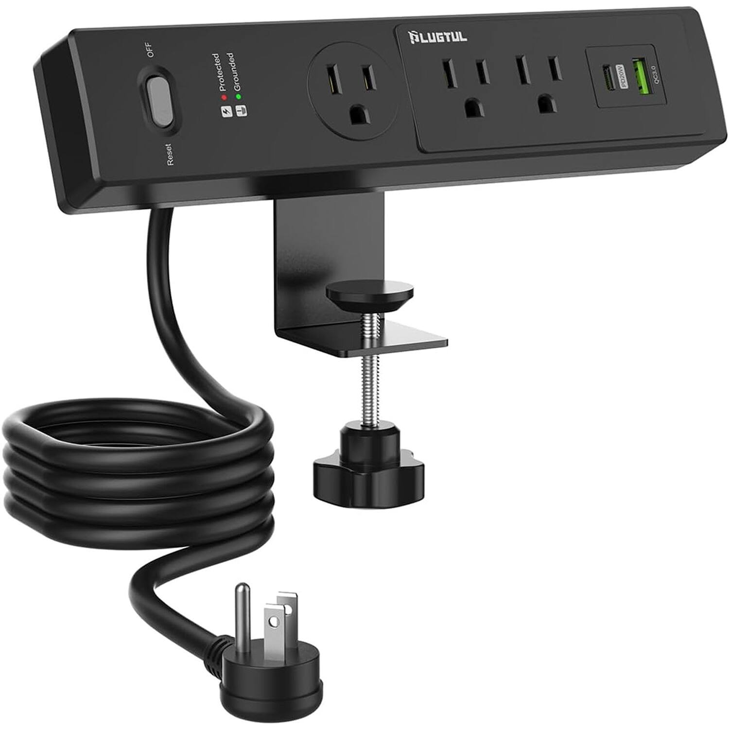 PARKER SLATER - Desk Clamp Power Strip with 3 Outlets & USB-C, 20W PD Fast Charging, 980J Surge Protector, 6FT Flat Plug Cord – - Black