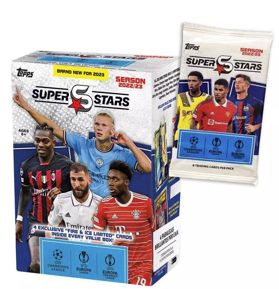 Topps Season 2022/23 Super Stars  
Topps Brand New for 2023 Season 2022/23  
Ages 6+  
Champions League Europa League  
4 Exclusive "Fire & Ice Inside Every Limited" Cards Value Box!  
4 Paralelas Brillantes por Caja  
8 Trading Cards per Pack