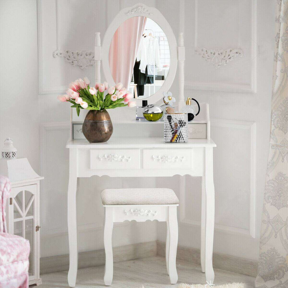 Alt View 7. Ecooso - Classic Wood Vanity Desk Set with Oval Mirror, 4 Drawers and Elegant Storage for Girls and Women - White.