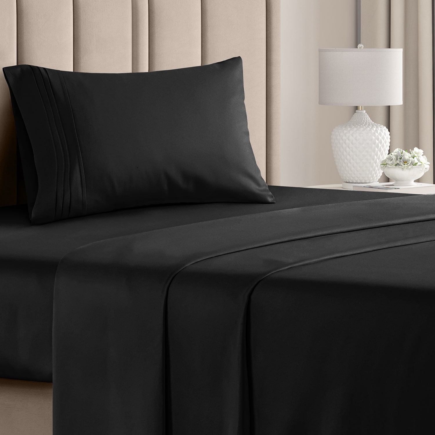 Front. CGK Linens - Luxury Soft 4 Piece Solid Bed Sheet Set - Deep Pocket Fits 8"-16" Mattresses - Twin - Black.